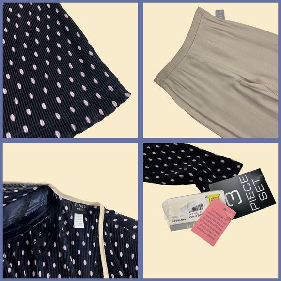 2000s polka dot jacket & pant set by Virgo Petite, vintage size 10P beige/navy - Picture 3 of 8